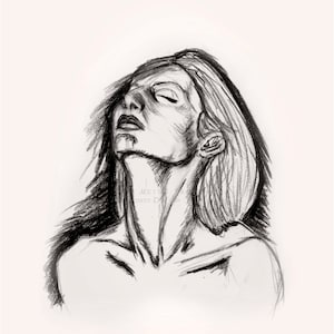 Charcoal Pencil Drawing of Woman with Head Tilted Back Art PRINT