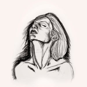 Charcoal Pencil Drawing of Woman with Head Tilted Back Art PRINT image 1