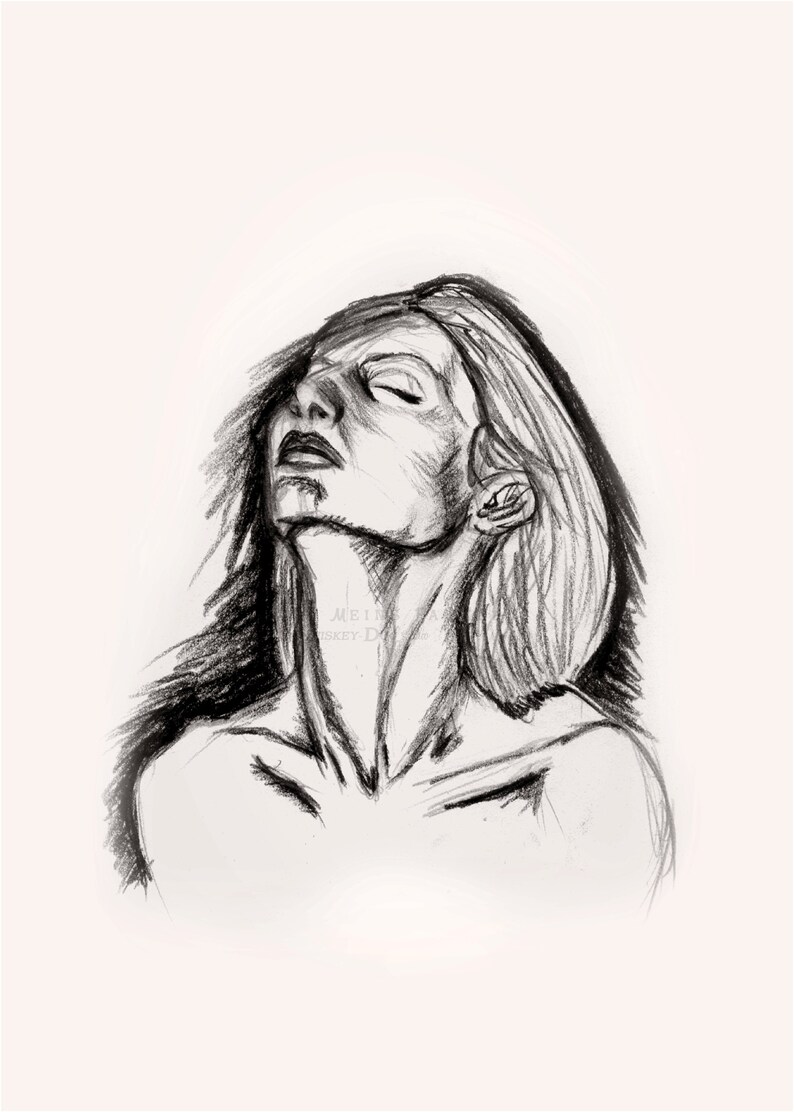Charcoal Pencil Drawing of Woman with Head Tilted Back Art PRINT image 1