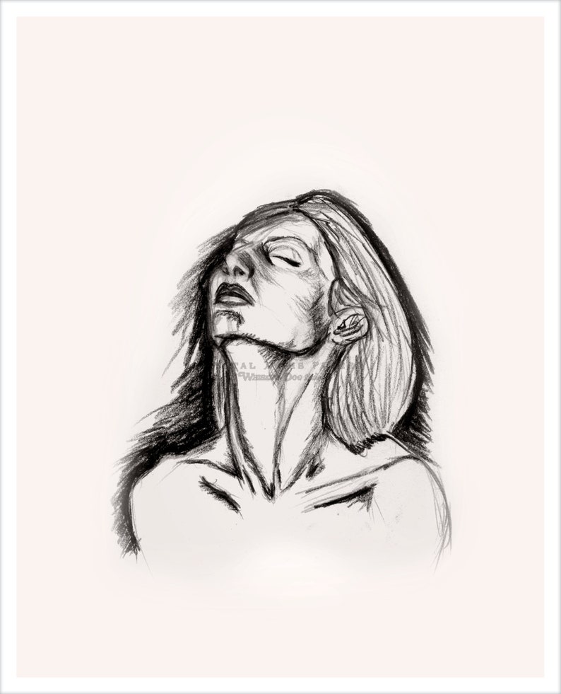 Charcoal Pencil Drawing of Woman with Head Tilted Back Art PRINT image 5