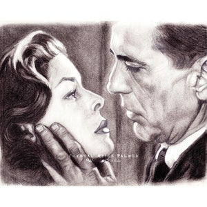 Charcoal Pencil Drawing of Bogart & Bacall, Film Noir Art PRINT image 1