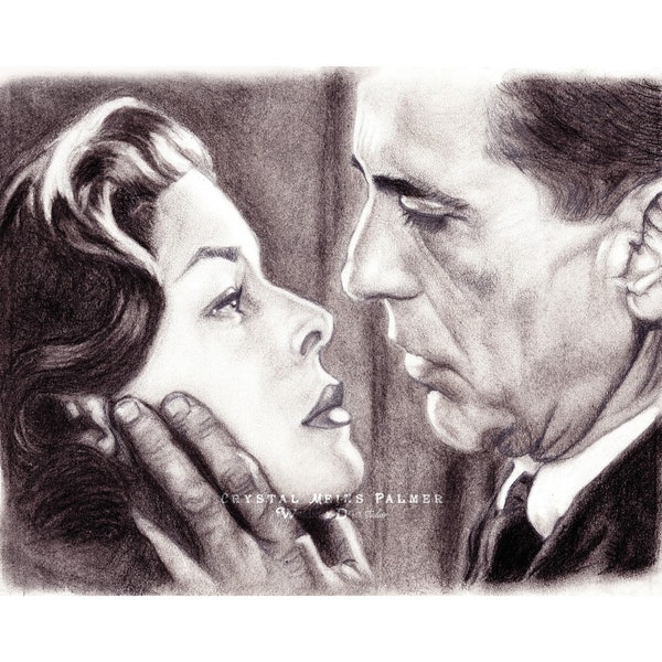 Charcoal Pencil Drawing of Bogart & Bacall, Film Noir Art PRINT