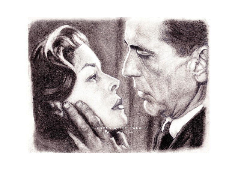 Charcoal Pencil Drawing of Bogart & Bacall, Film Noir Art PRINT image 1