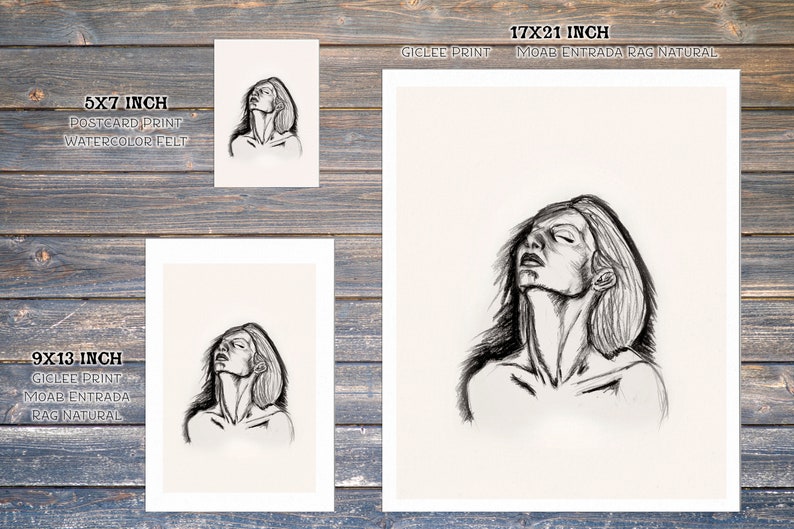 Charcoal Pencil Drawing of Woman with Head Tilted Back Art PRINT image 6