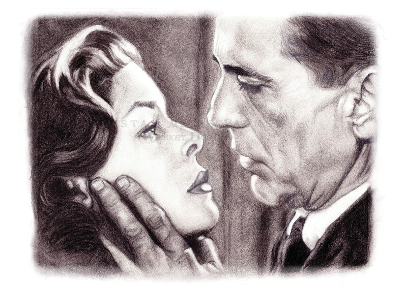 Charcoal Pencil Drawing of Bogart & Bacall, Film Noir Art PRINT image 5