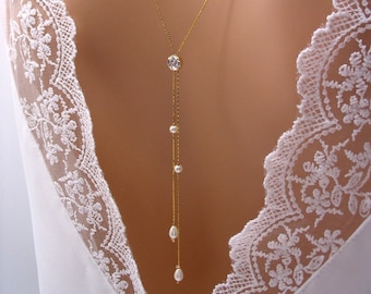 Bridal back necklace with golden chain, crystal rhinestones and pearl drop beads