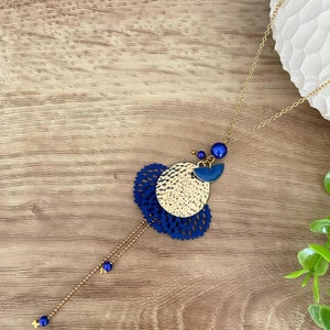 King blue necklace, gold chain stainless steel and fabric pendant, costume jewelry custom made and customizable