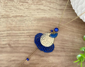 King blue necklace, gold chain stainless steel and fabric pendant, costume jewelry custom made and customizable