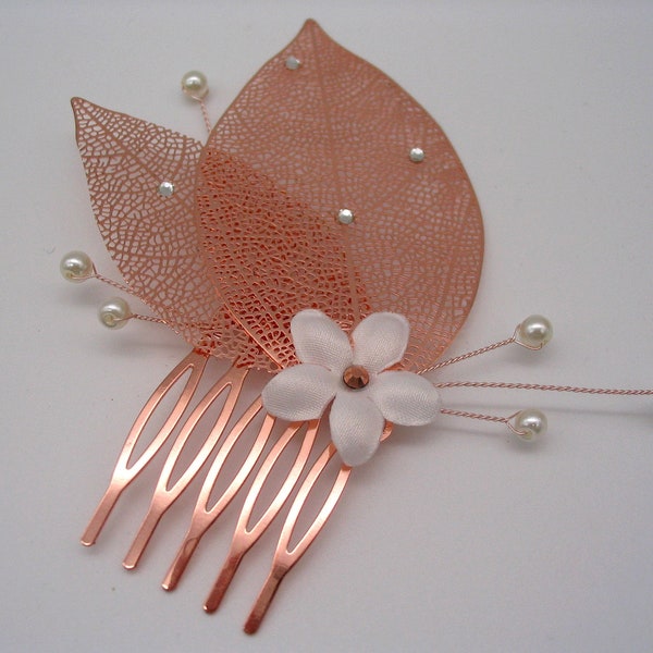 joyería de boda de oro rosa, peinado de boda y ceremonia, peineta decorativa con hojas y flores, joyería personalizada