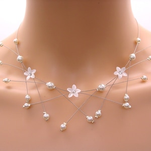 wedding mini flower satin and pearls necklace, custom wedding fantasy jewelry, flowers wedding necklace