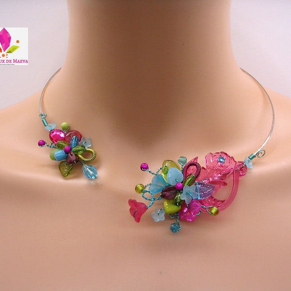 Collar de fantasía fucsia, turquesa y verde, bisutería de diseñador Francia, regalo mujer