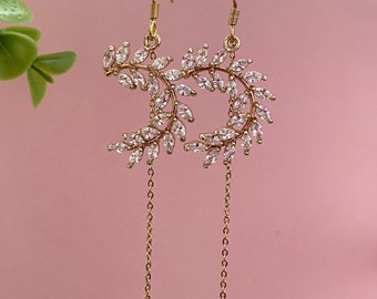 Foliage golden zircon earrings, wedding and ceremony jewelry, golden women's costume jewelry