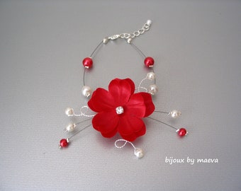 braccialetto da matrimonio a fiore rosso con perline di perle rosse, bigiotteria da matrimonio su misura e personalizzabile