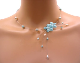 turquoise bridal necklace, turquoise blue flower necklace, wedding jewelry, ceremony, bridesmaid, customizable jewelry