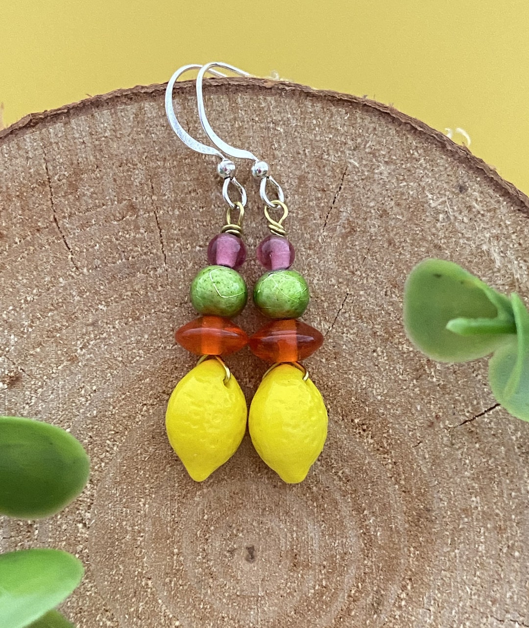 Yellow Costume Jewelry, Yellow, Orange and Green Lemon Bead Earrings