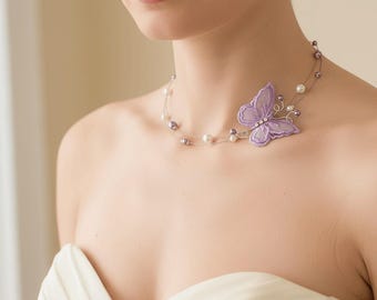 Collar de novia morado, perlas y mariposa bordada, morado, lila, joyería de boda morada, joyería personalizada