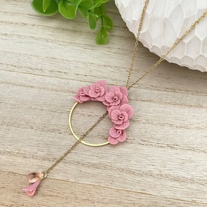 Pink flower necklace, long women&#39;s necklace, pink costume jewelry made in France, pink jewelry set