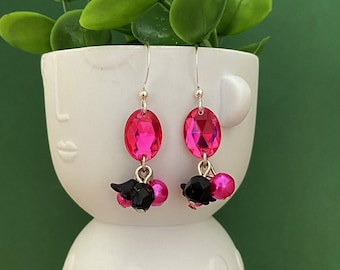 bijoux fantaisie boucles d'oreilles perles et strass fushia et noir