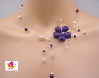 Collier mariage fleur et perles violettes, bijoux mariage violet, collier fantaisie violet