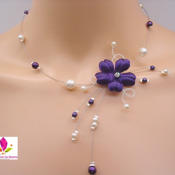 Collier mariage fleur et perles violettes, bijoux mariage violet, collier fantaisie violet