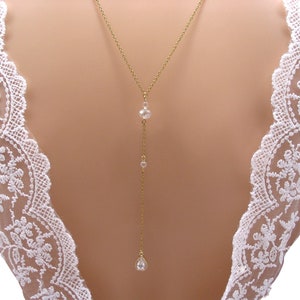 Bridal back necklace, golden chain, crystal pearls and rhinestone flowers, bohemian wedding jewelry, back chain, bridal back necklace