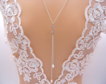 Collier mariée dos nu, bijoux mariage bohème, collier mariée avec pendentif de dos, perles strass et goutte, bijoux à personnaliser