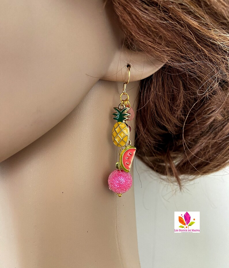 Bijoux fantaisie, boucles d'oreilles rose jaune et vert Fruits exotiques, bijoux ananas image 2