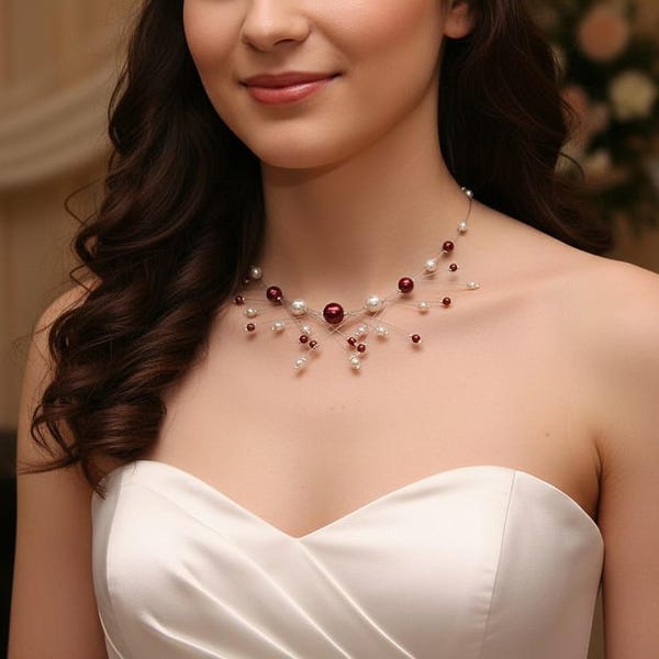 wedding jewelry, burgundy bridal pearl necklace, personalized and made-to-measure wedding jewelry