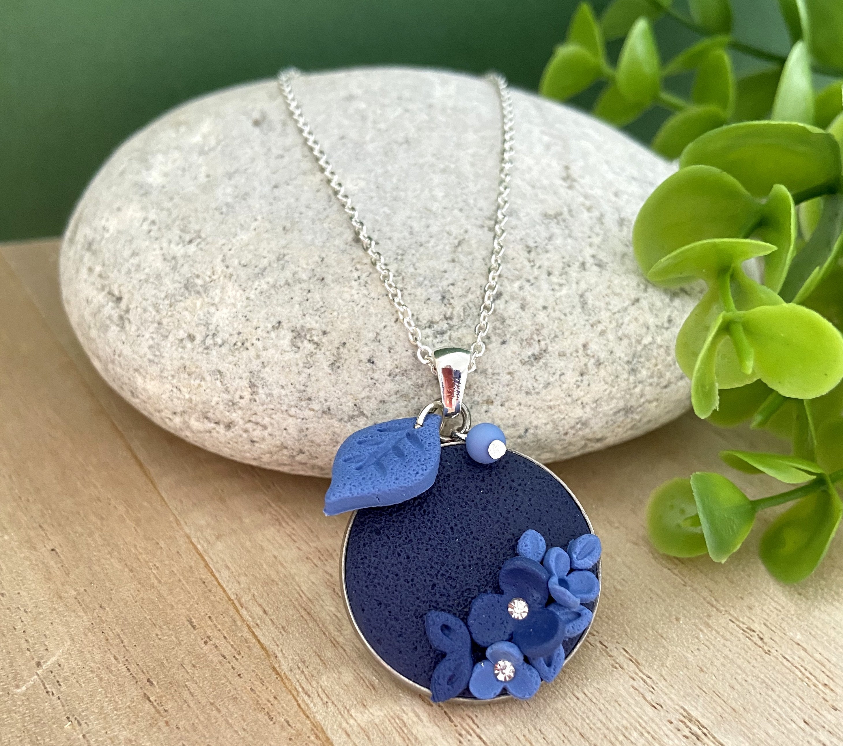 Navy blue necklace, mini blue gradient flower pendant, women's fashion necklace, Christmas or birthday gift idea
