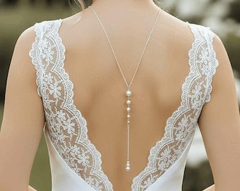 Collar de espalda para novias, collar con colgante de perla en cascada en la espalda, collar de vestido de novia sin espalda, hecho en Francia