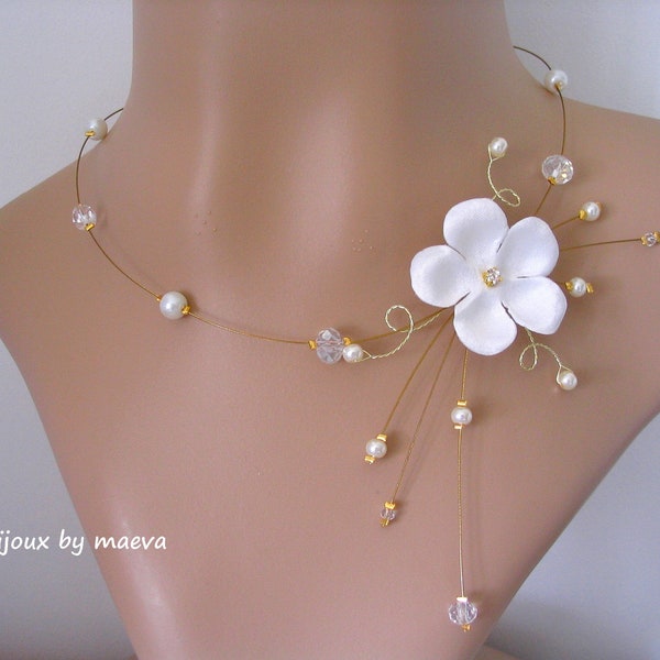 Collier mariage doré ou doré rose, fleur et perles, bijoux fantaisie mariage sur mesure et personnalisables, collier mariée fleur  ivoire