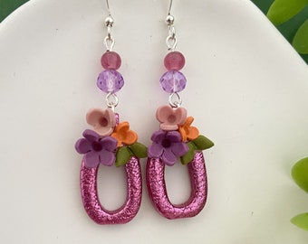 Boucles d'oreilles femme fushia et violet, vase fleuri, bijoux fantaisie fabriqués en France
