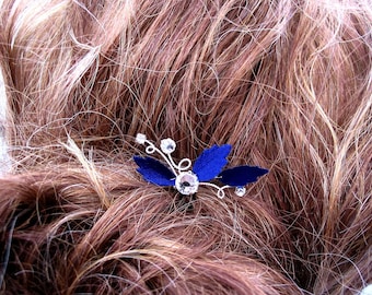 bijoux mariage bleu roi, épingle à chignon, bijoux de cheveux, perles strass et feuilles bleu roi