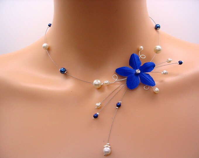 Royal Blue Flower and Pearl Necklace Wedding Costume Jewelry Etsy