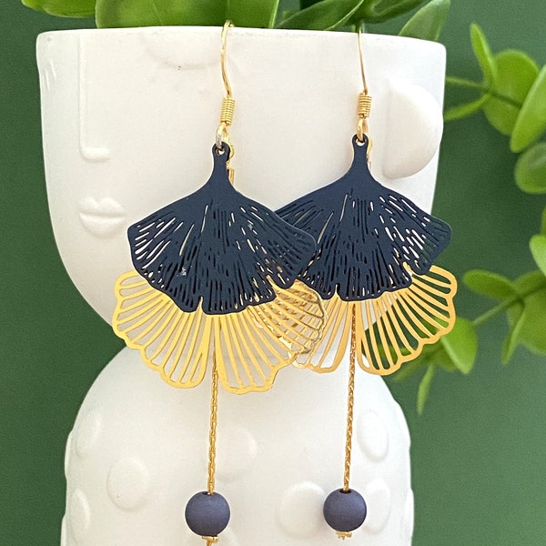 Boucles d'oreilles femme bleues et dorées, feuilles Ginkgo, boucles d'oreilles pendantes, bijoux fantaisie bleu, cadeau femme