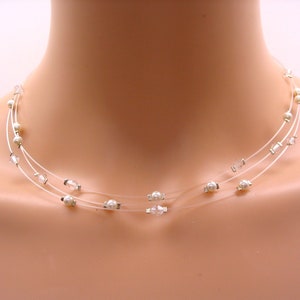 Wedding necklace wedding jewelry 3 transparent ranks ivory pearls and clear crystal