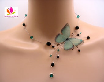 Costume Jewelry Butterfly Necklace and Emerald Green and Black Beads