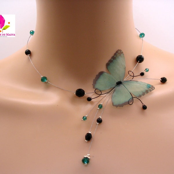 Mariposa collar de bisutería y la esmeralda cuentas verdes y negras