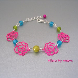 Child Jewelry / teen fancy bracelet fuchsia pink flowers and green turquoise beads