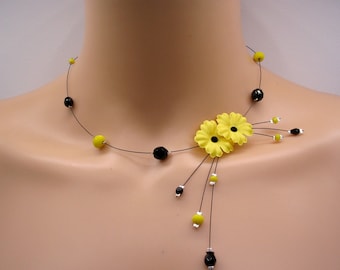 yellow flower necklace black and yellow beads, yellow fantasy jewelry, custom and customizable jewelry