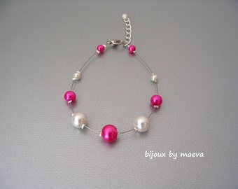 Wedding costume jewelry pearl bead bracelet fuchsia and ivory