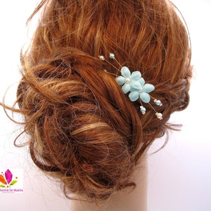 Wedding hairstyle jewelry, turquoise blue hair flowers, bun pin with two flowers, bridal hair accessory