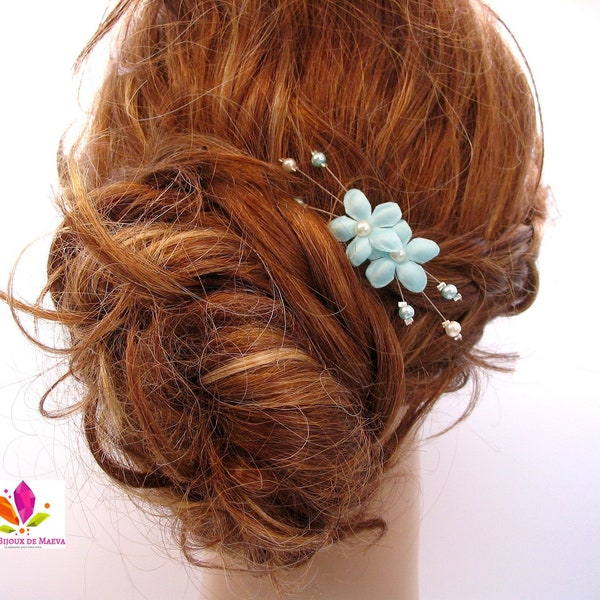 Bijoux coiffure mariage, fleurs cheveux bleu turquoise, épingle chignon avec deux fleurs, accessoire cheveux mariée