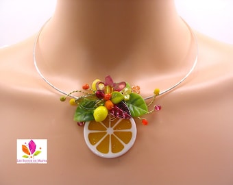 Collier jaune, orange et vert thème Citron, bijoux fantaisie jaune, parure bijoux femme, fabrication française