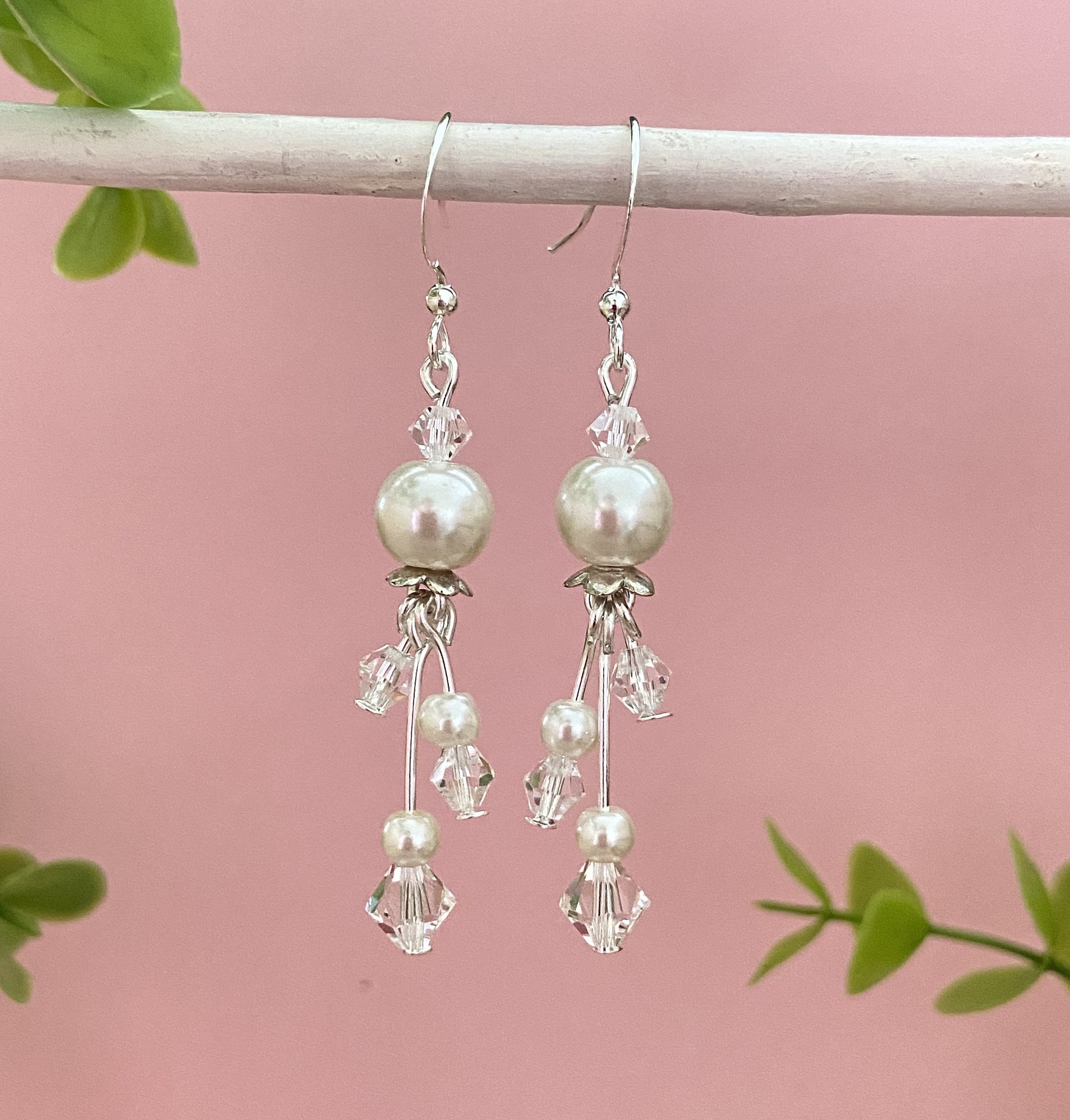 Boucles D'oreilles Fantaisie Ivoire/parme Avec Perles - Pour Mariage/mariée - Clip Possible - Neuves
