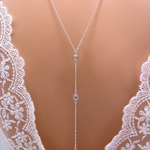 Bridal back necklace, round rhinestones and rhinestone drop, silver chain, rhinestone wedding jewelry, back pendant, back jewelry