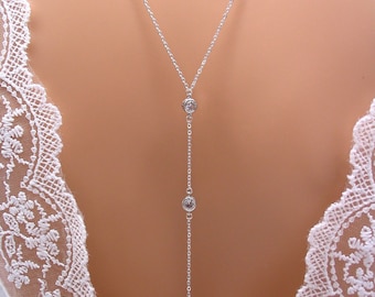 collier de dos mariée, strass ronds et goutte strass, chaine inox argentée, bijoux mariage strass, pendentif de dos, bijoux de dos