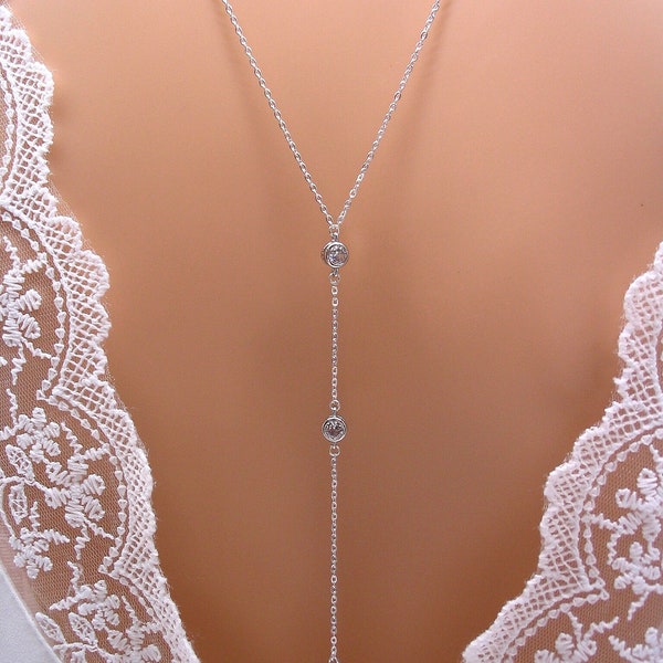 collier de dos mariée, strass ronds et goutte strass, chaine inox argentée, bijoux mariage strass, pendentif de dos, bijoux de dos