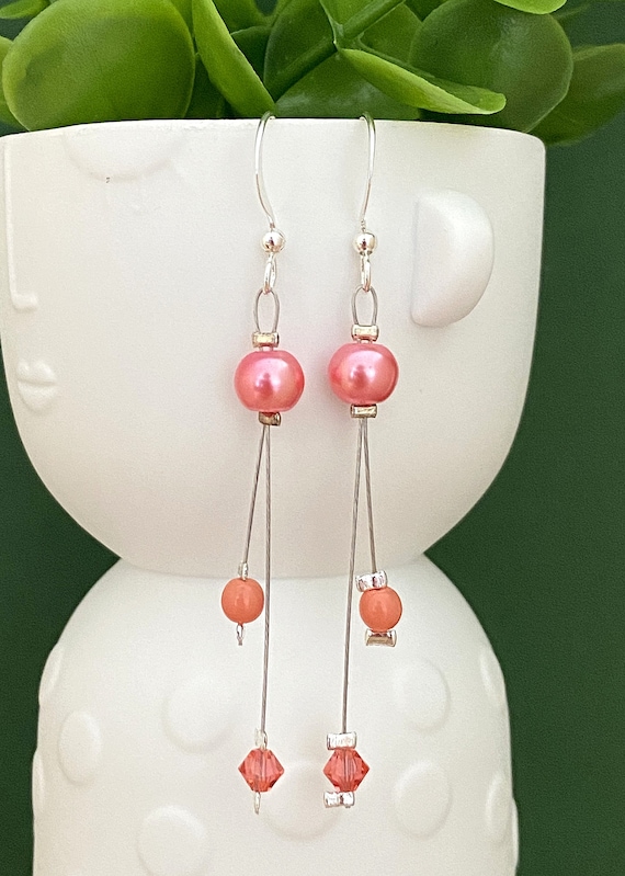 Coral Color Jewelry Dangling Earrings With Pearls 2 Rows Etsy