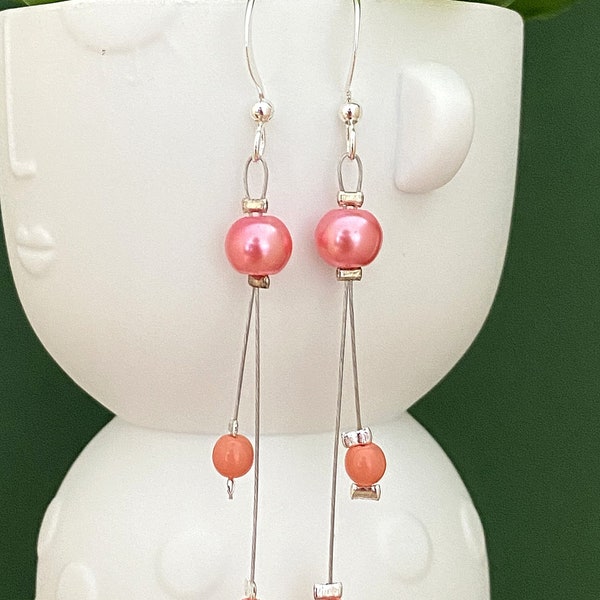 Bijoux couleur corail boucles d'oreilles pendantes avec perles 2 rangs